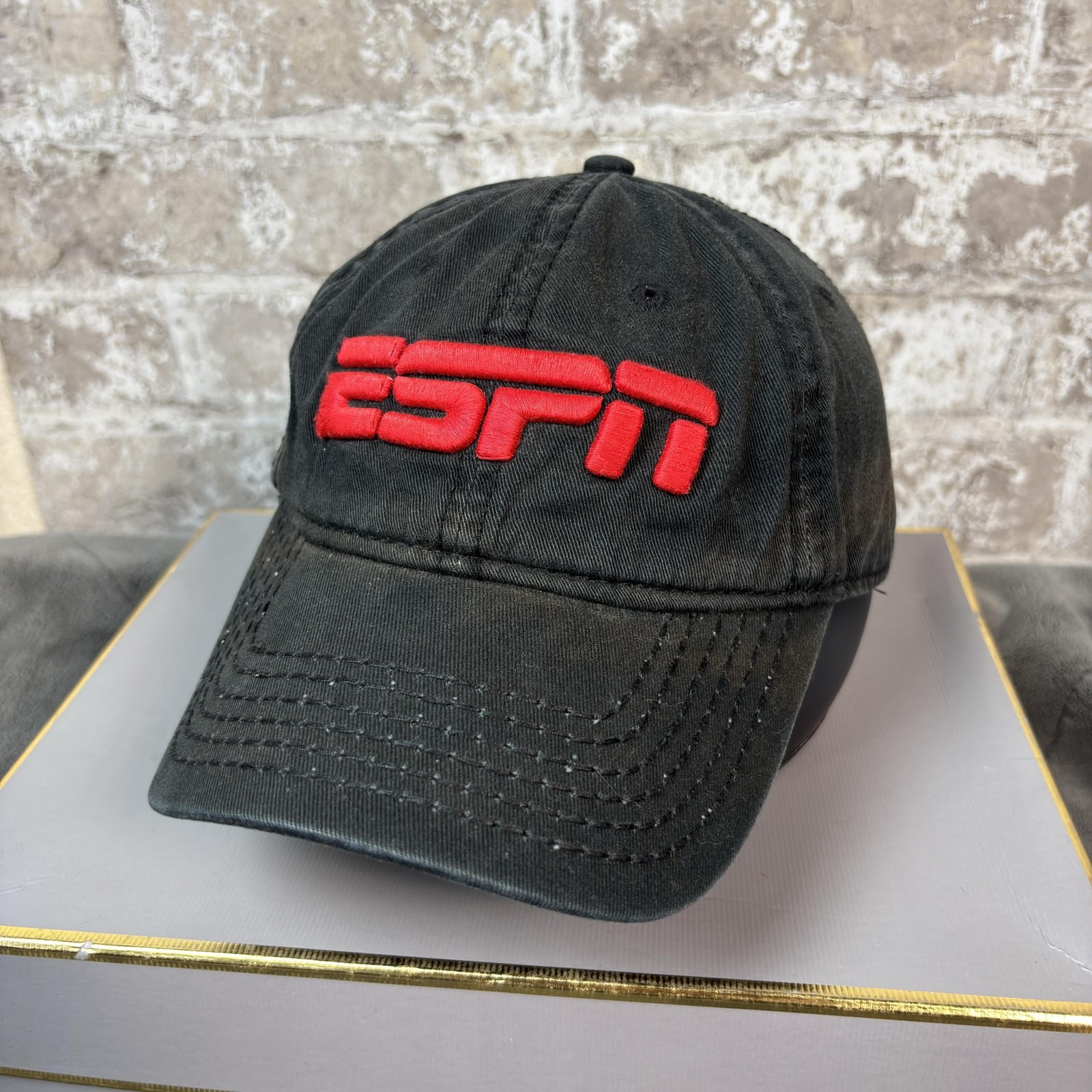 Espn Hat Cap Strap Back Mens One Size Black Red Embroidered Dad Cap Baseball